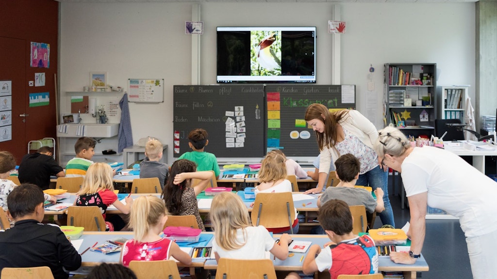 在瑞士一所学校，小学班级正在上科学和阅读课。