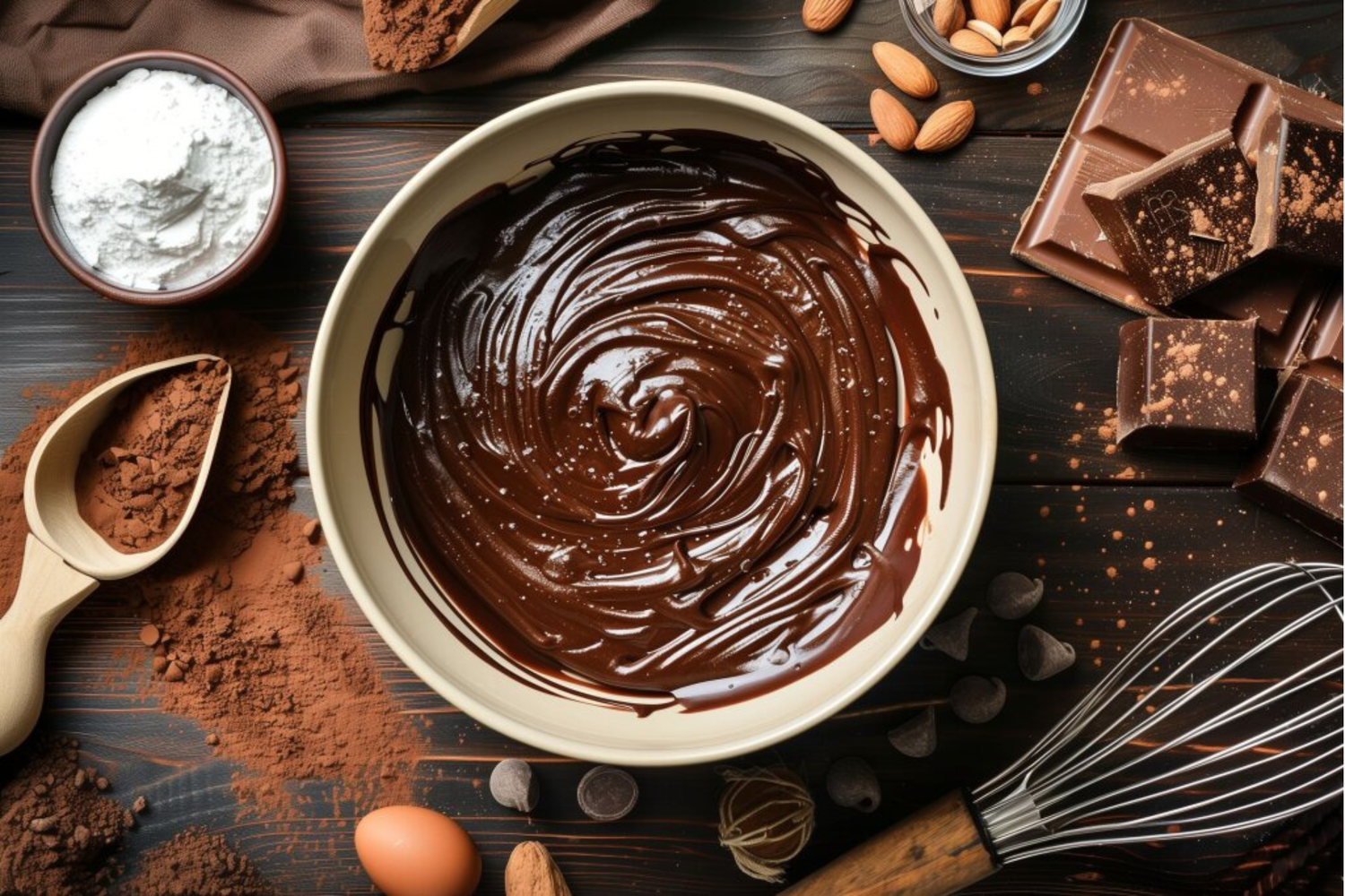 Vista dall’alto di una ciotola con cioccolato fuso, circondata da cacao in polvere, ciotola di zucchero, mandorle, pezzi di cioccolato e una frusta.