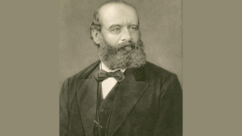 Portrait en buste d’Alfred Escher (1819-1882), vêtu d’un costume sombre, nœud papillon et gilet, regardant de profil droit sur fond uni sépia.