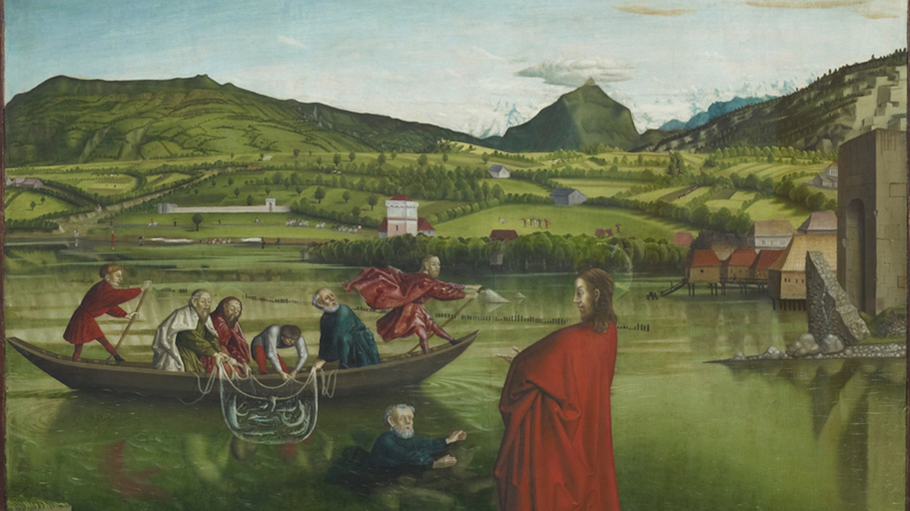 Scène religieuse montrant Jésus en robe rouge au bord d'un lac, avec des pêcheurs dans une barque et un paysage vallonné et verdoyant à l'arrière-plan.
