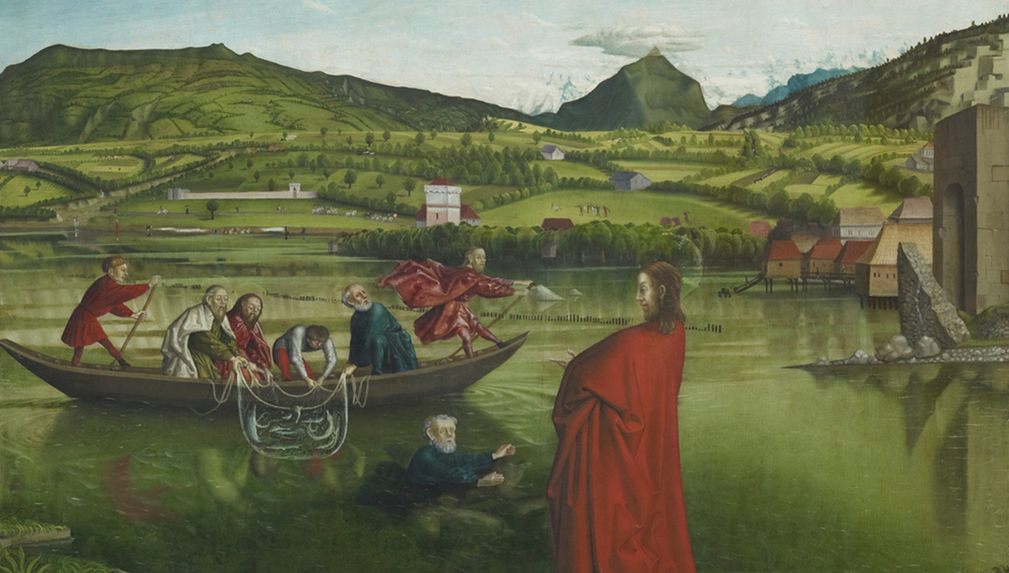 Religiöse Szene mit Jesus in rotem Gewand am Seeufer, Fischern im Boot und hügeliger, grüner Landschaft im Hintergrund.