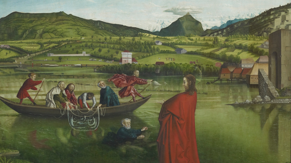 Religious scene showing Jesus in a red robe by a lake, fishermen in a boat and a green, hilly landscape in the background.