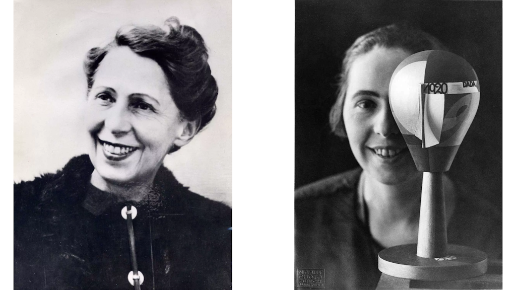 À gauche, portrait de Sophie Taeuber-Arp souriante en buste, coiffure relevée et vêtue de sombre; à droite, une sculpture cubiste en bois sur socle devant elle. 