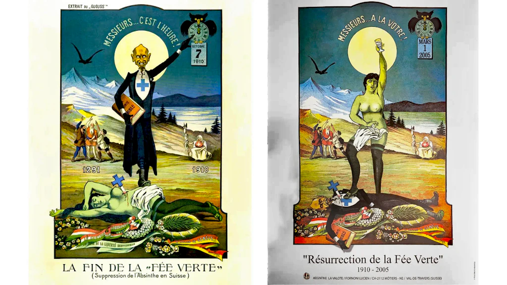 Zwei nebeneinanderstehende Plakate mit symbolischen Figuren, alpiner Landschaft und Datumsangaben zum Verbot und zur Rückkehr des Absinths. 