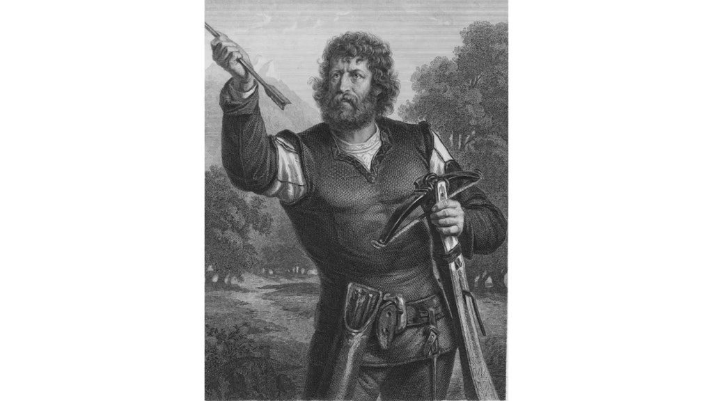 Schwarz-weiss-Stich eines bärtigen Mannes in mittelalterlicher Kleidung, der eine Armbrust und einen Bolzen in einer Waldlandschaft hält.