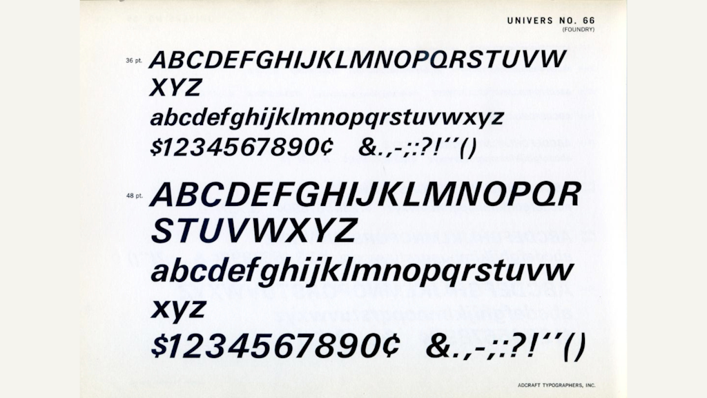 pecimen-Seite «Univers No. 66» mit Gross- und Kleinbuchstaben, Ziffern und Interpunktionszeichen in Kursiv bei 36 pt und 48 pt auf hellem Hintergrund.