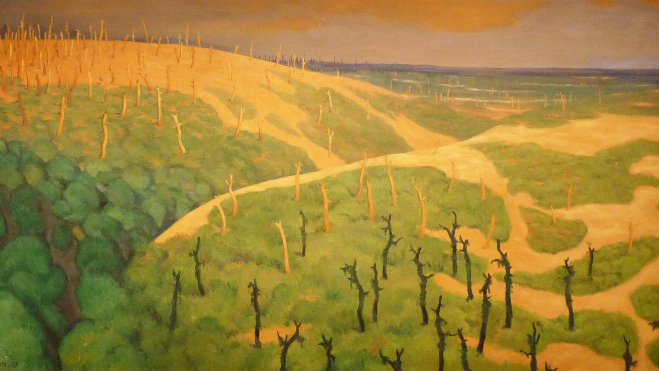 Gemälde mit zerstörter Landschaft, toten Bäumen und grünen Hügeln, betitelt «Le bois de la Gruerie et le ravin des Meurissons» von Félix Vallotton (1917).