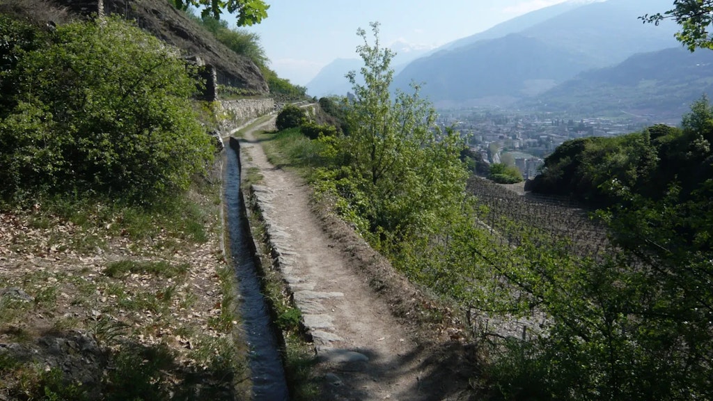 Weg entlang eines gemauerten Bisses an einem bewachsenen Hang, mit Blick auf Terrassenweinberge und eine Stadt im Tal.