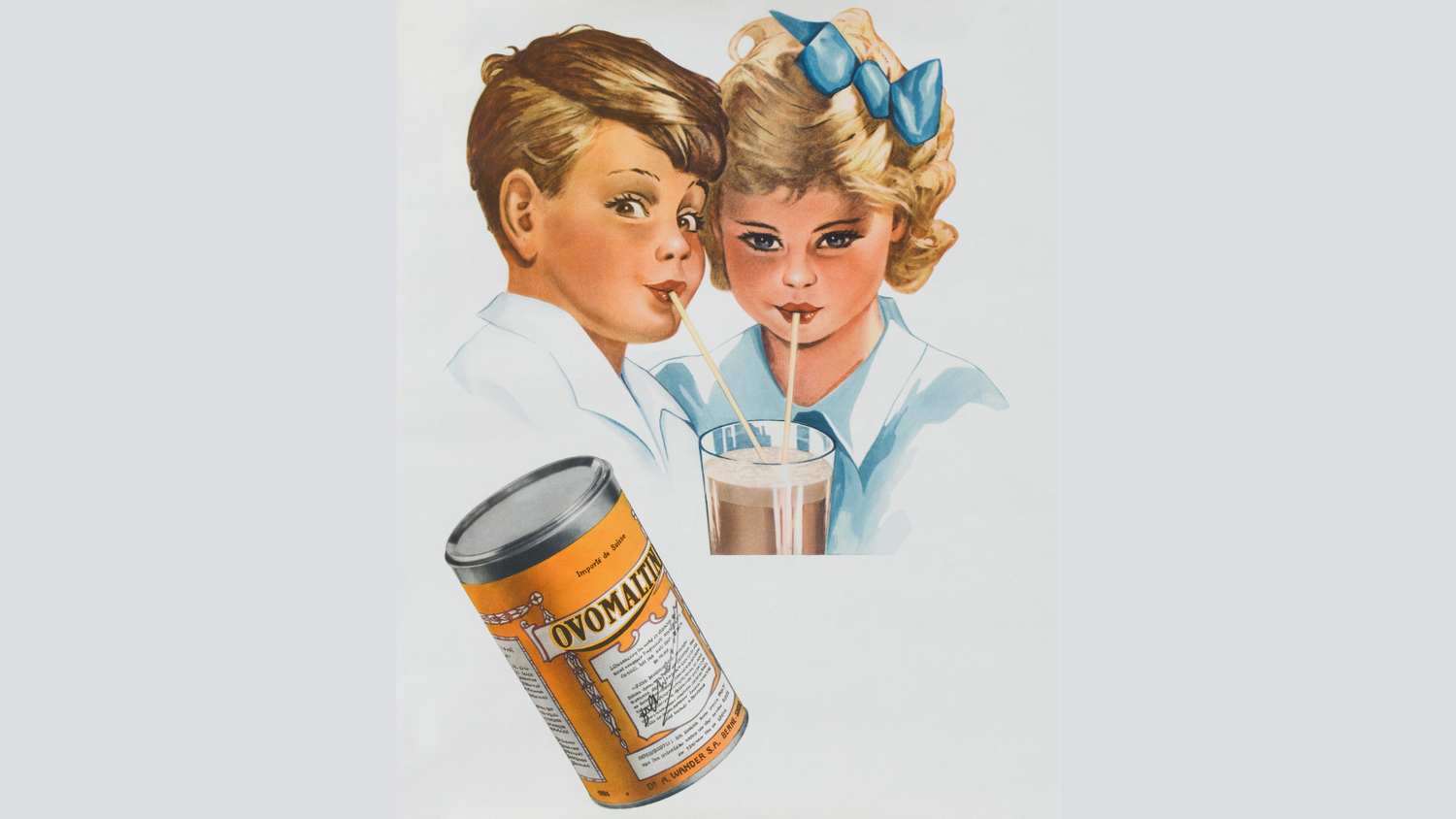 Vintage-Werbeplakat für Ovomaltine mit einem Jungen und einem Mädchen, die ein Schokoladengetränk mit Strohhalmen trinken, daneben eine Dose des Produkts.