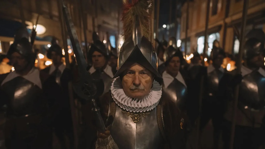 Gruppe gepanzerter Männer bei einem Nachtumzug, vorne ein Mann mit gefiedertem Helm, weisser Halskrause und einer Hellebarde.