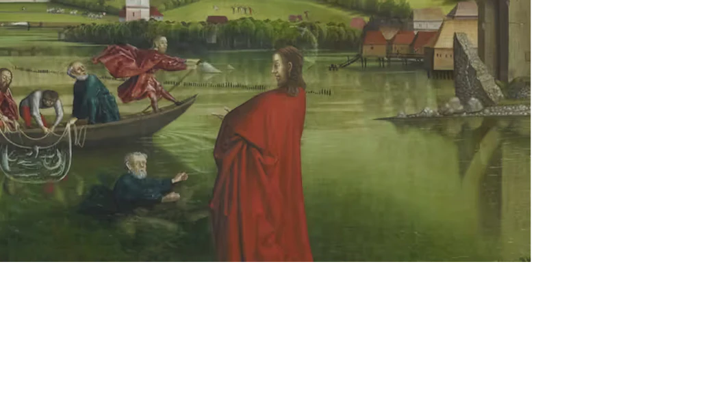 Religiöse Szene mit Jesus in rotem Gewand am Seeufer, Fischern im Boot und hügeliger, grüner Landschaft im Hintergrund.
