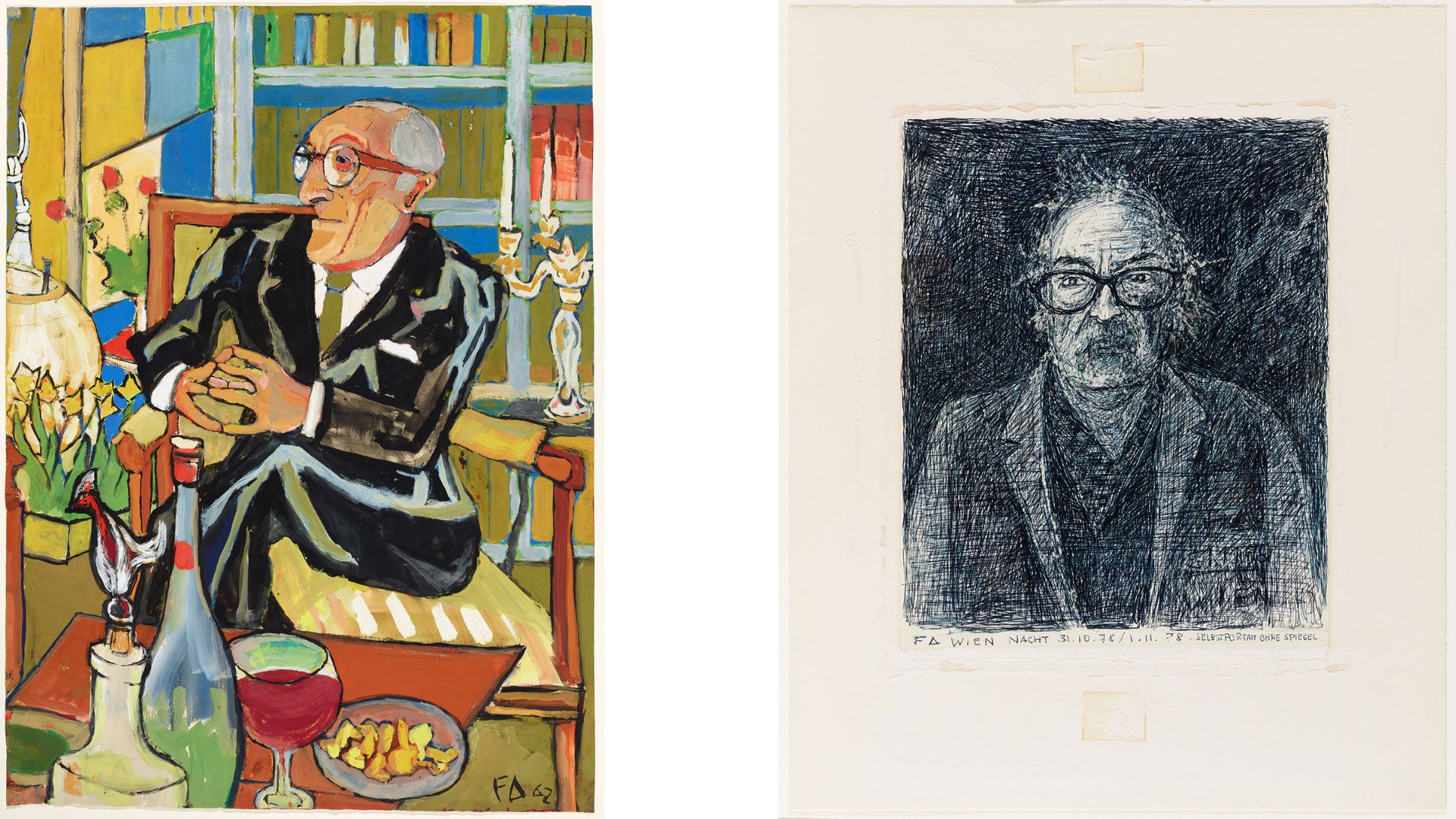 Zwei Porträts von Friedrich Dürrenmatt: links ein sitzender Psychiater, rechts ein Selbstporträt in Schwarz-Weiss, beide aus der Sammlung des CDN.