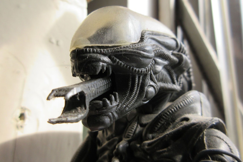 Nahaufnahme einer Xenomorph-Figur: verlängerter, glatter Kopf mit biometrischen Strukturen und geöffnetem Maul, aus dem ein innerer Kiefer hervorstösst.