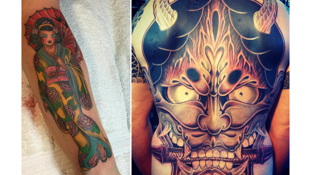 Photograph showing two coloured tattoos: on the left a geisha on an arm, on the right a large demonic mask covering the entire back of a person.