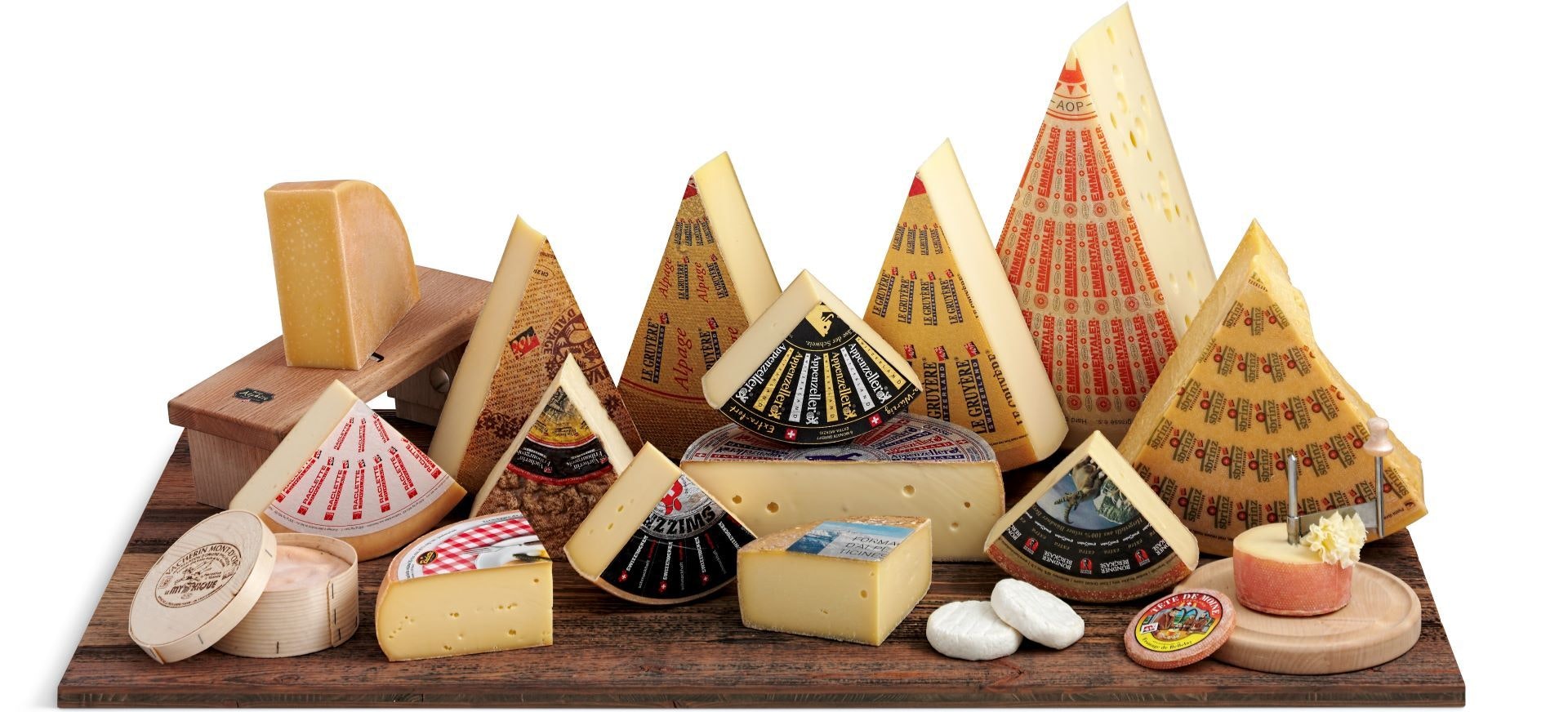 A table of Switzerland's best-known cheeses.