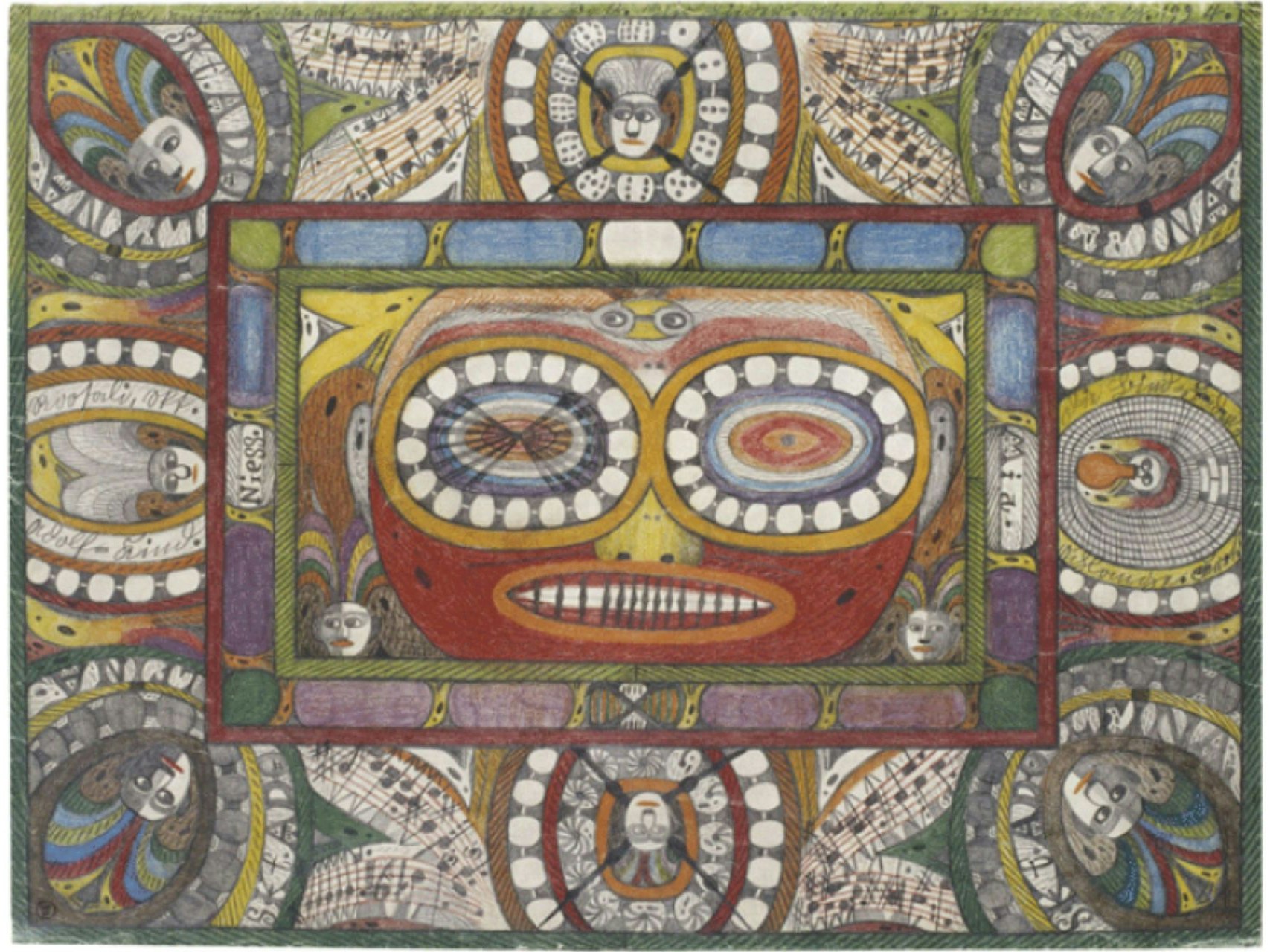 Coloured drawing by Adolf Wölfli “Rosalie’s Heart-Shaped Crown of Thorns”: central oval mask-like motif surrounded by circles, miniature faces and geometric decorations. 