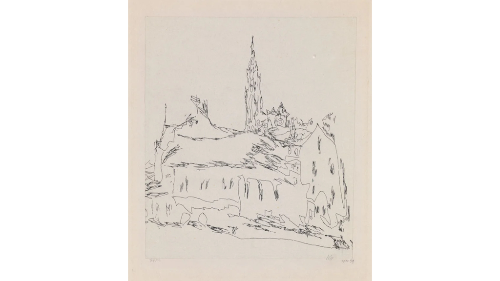 Line drawing depicting a hill with a religious building, featuring a tall spire and a visible clock on the façade.