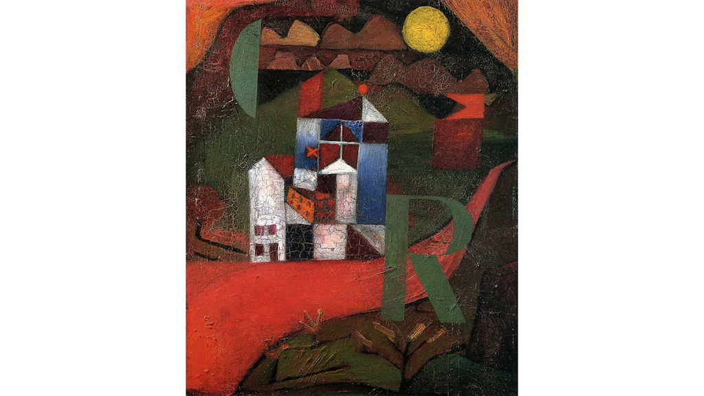 Painting of a stylised house made of colourful geometric shapes, surrounded by a dark hilly landscape, with sky and yellow sun.