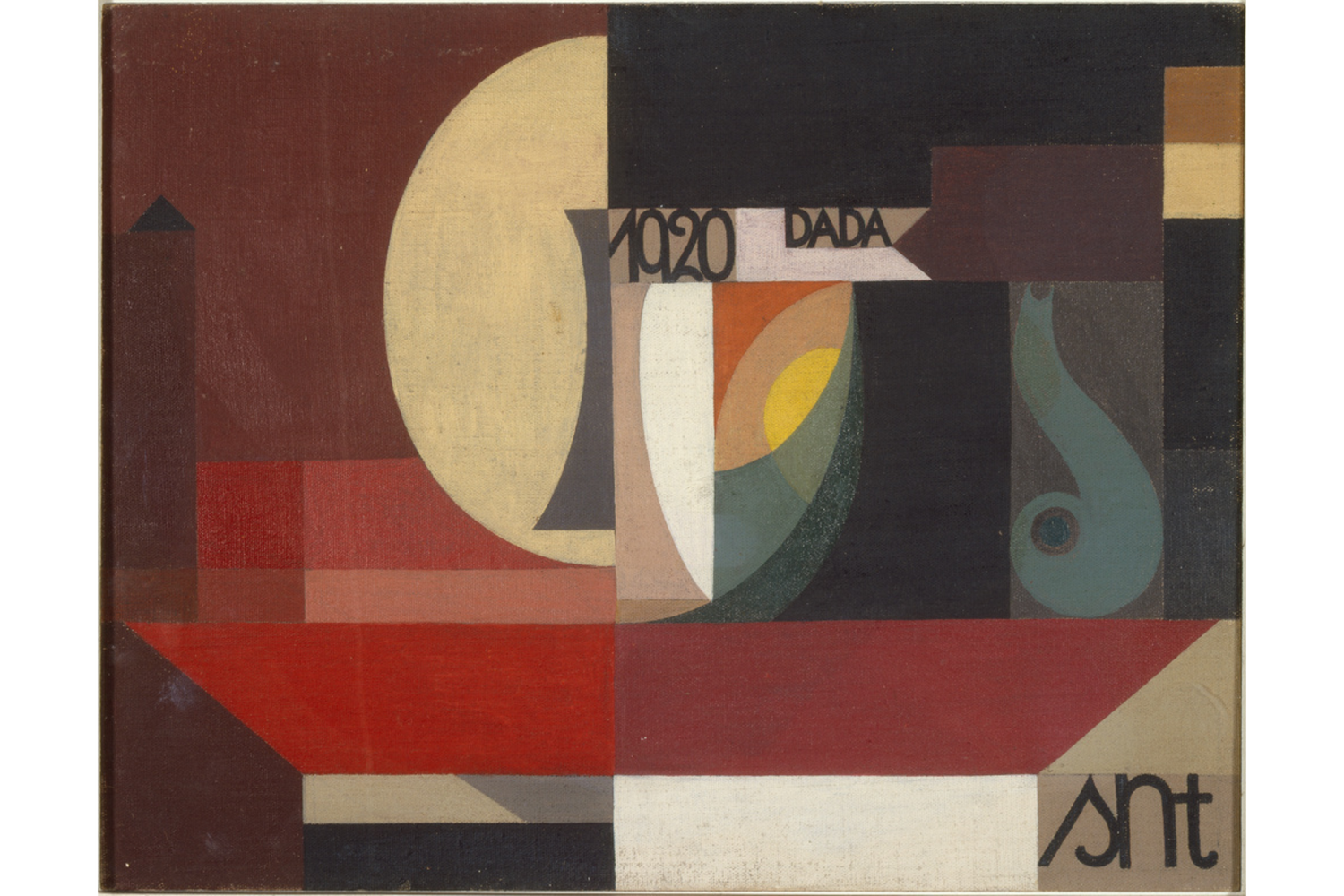 Painted wood sculpture with colourful geometric shapes, Tête Dada (1920) features the word ‘DADA’, the date and the initials ‘SHT’ within the design.