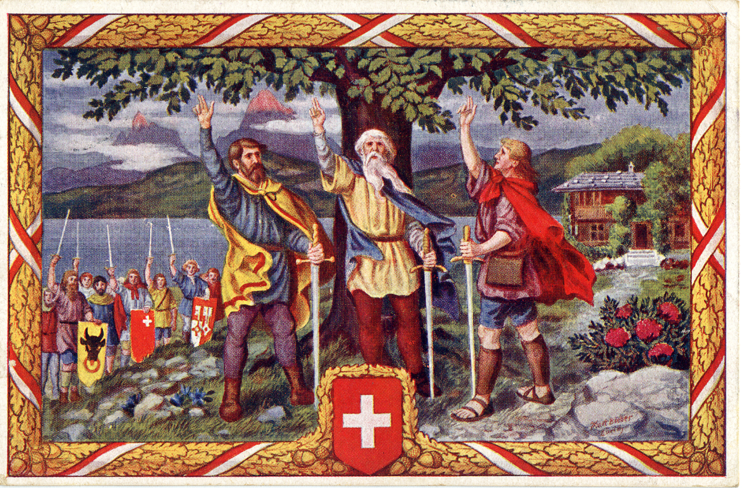 Painting depicting several armed men raising their hands to swear a common oath.