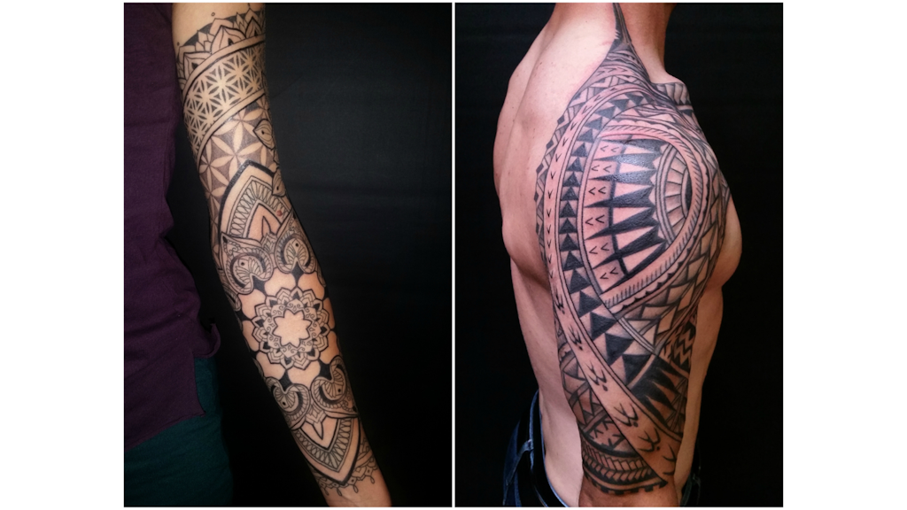 Photograph showing two close-ups of black and grey tattoos, one on an arm with geometric patterns, the other on a shoulder and chest with tribal motifs.