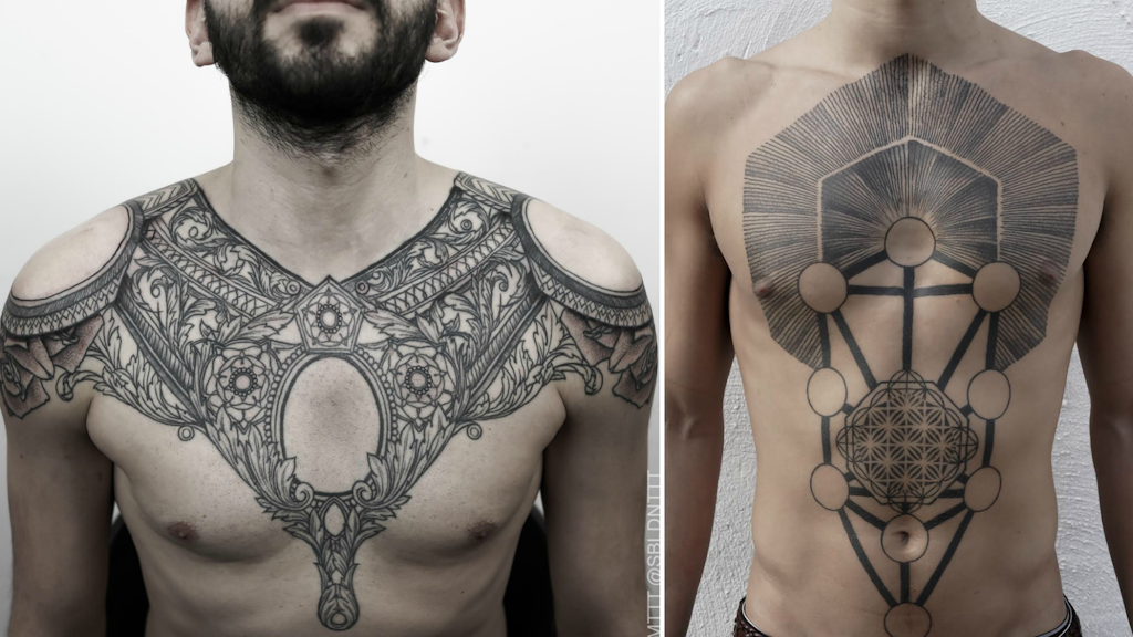 Photograph showing two black chest tattoos: on the left a detailed ornamental design, on the right a geometric pattern with circles and lines.