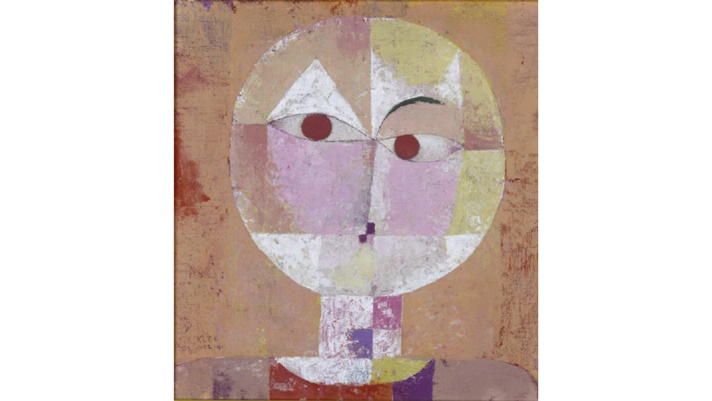 Painting of a stylised face made of colourful geometric shapes with two round eyes, set against a background in brown and ochre tones.
