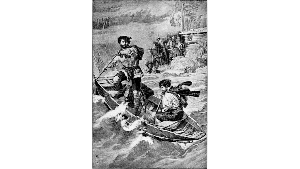 Black and white engraving showing two men in a boat on rough water, with riders watching from the riverbank.