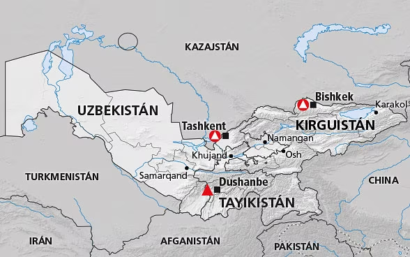 Mapa geográfico de Asia Central con Uzbekistán, Kirguistán y Tayikistán, con ciudades y fronteras.