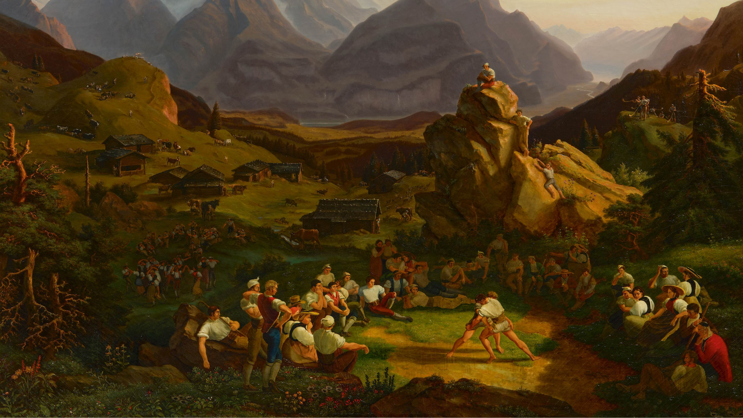 Pintura que representa un festival de lucha suiza al aire libre en el Balis Alp, rodeado de montañas.