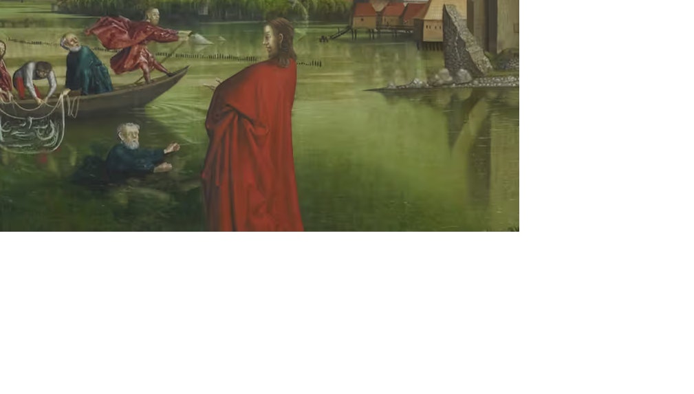 Escena religiosa con Jesús vestido de rojo junto a un lago, pescadores en una barca y un paisaje verde y montañoso al fondo.