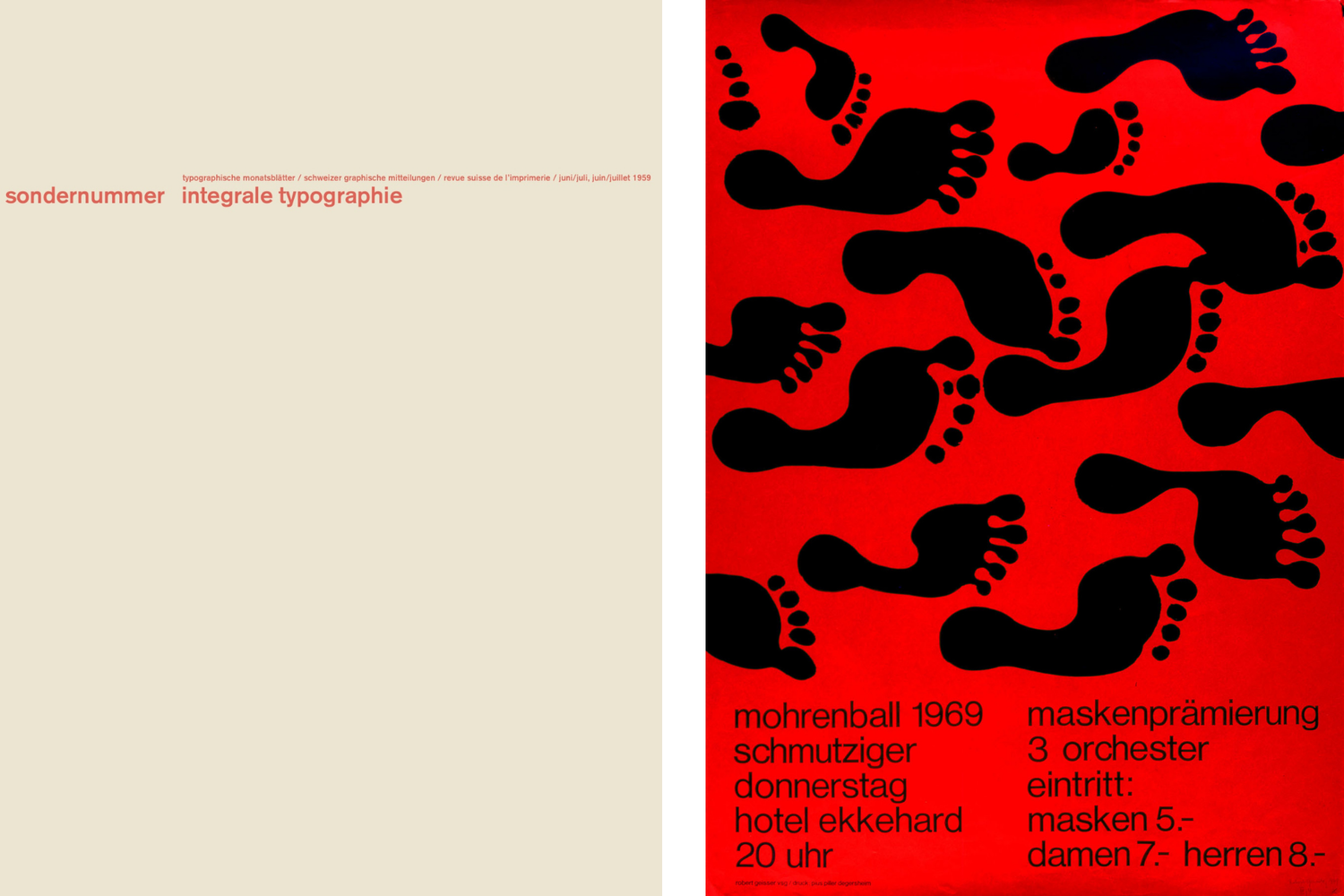 Portada de la revista suiza Typographische Monatsblätter, número 6/7 (1959), y cartel de un baile en 1969 en San Galo, diseño de Ruder y Geisser.