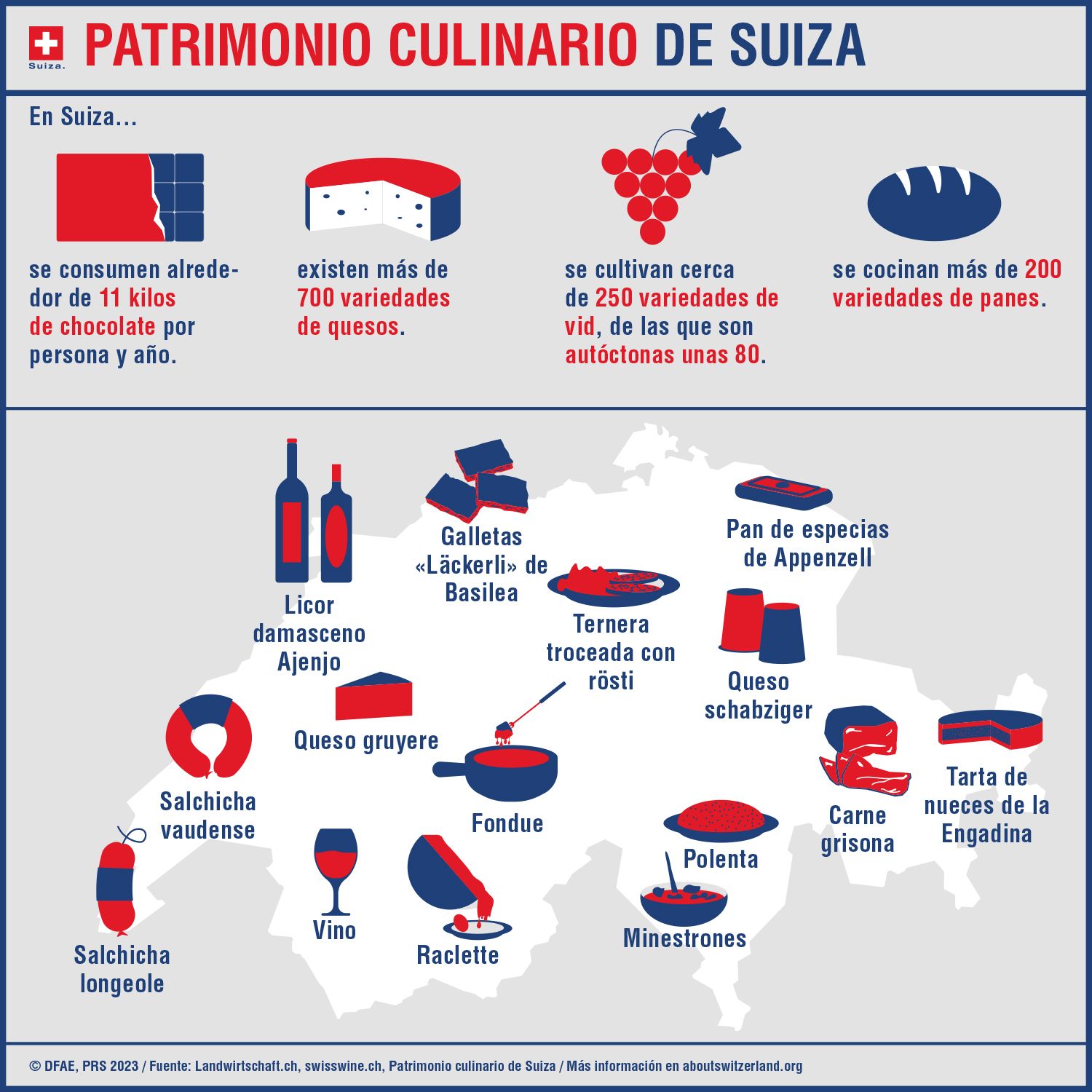 Mapa de Suiza con indicación de sus especialidades culinarias como la Damassine, el Minestrone o el Schabziger.