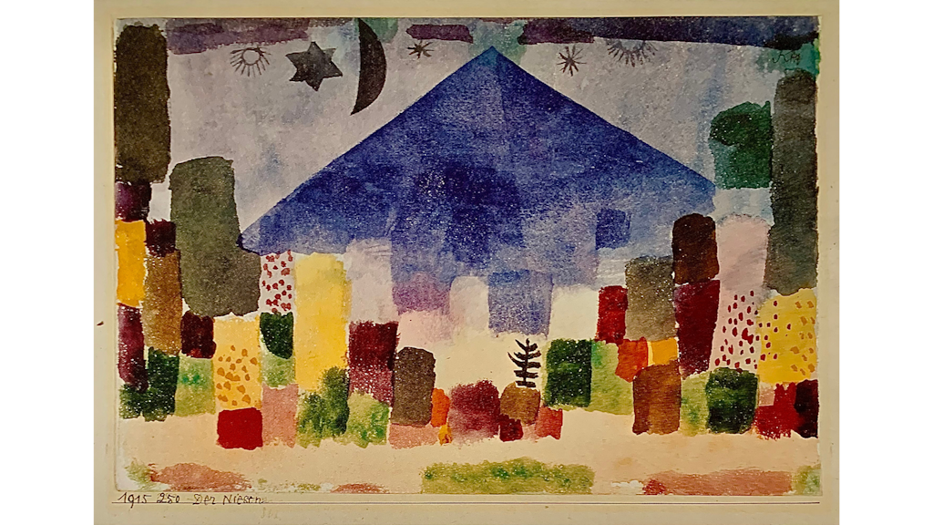 Peinture colorée représentant une montagne triangulaire bleue, entourée de formes géométriques multicolores et de symboles célestes.