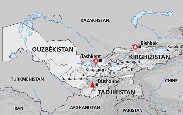 Carte géographique de l’Asie centrale avec l’Ouzbékistan, le Kirghizistan et le Tadjikistan, incluant des villes et frontières régionales.