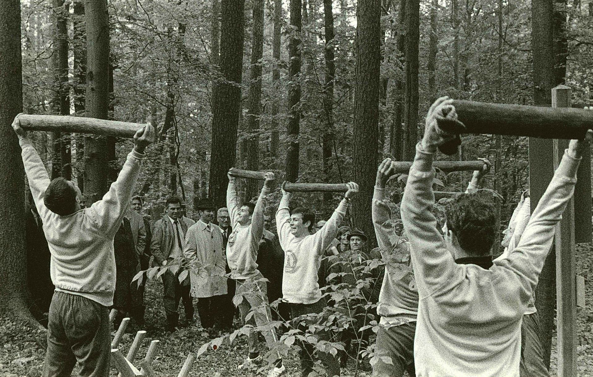 L’image montre un groupe d’individus dans une zone boisée soulevant des bûches au-dessus de leurs têtes dans le cadre d’un entraînement.