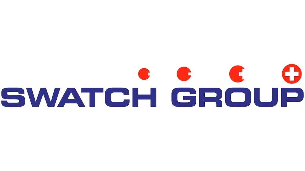 Logo de Swatch Group avec le texte bleu «SWATCH GROUP» et quatre cercles rouges, dont le dernier contient une croix blanche.