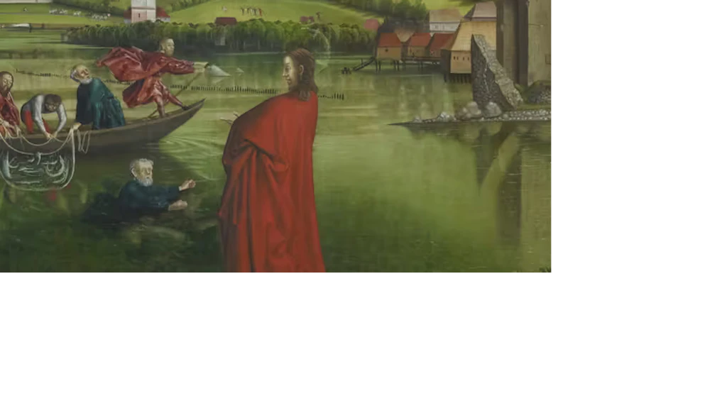 Scène religieuse montrant Jésus en robe rouge au bord d'un lac, avec des pêcheurs dans une barque et un paysage vallonné et verdoyant à l'arrière-plan.