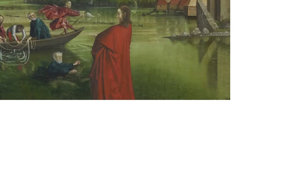 Scène religieuse montrant Jésus en robe rouge au bord d'un lac, avec des pêcheurs dans une barque et un paysage vallonné et verdoyant à l'arrière-plan.