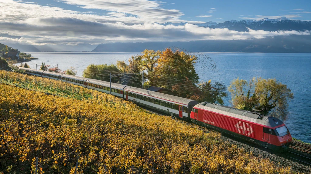 Un train intercité des CFF traverse un paysage suisse automnal.