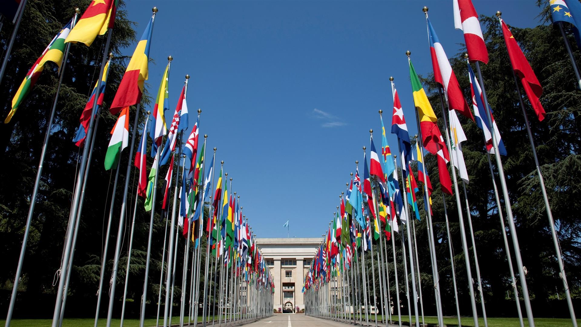 Vue en perspective du Palais des Nations à Genève avec les drapeaux des différents États membres.