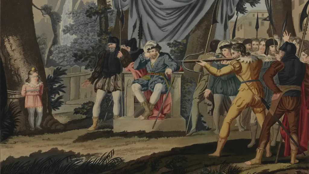 Gravure en couleur représentant un homme bandant une arbalète face à un enfant attaché à un arbre, observé par un groupe de personnes et un homme assis sur un trône.
