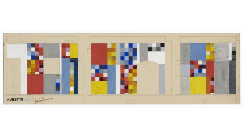 Projet de décor mural pour l’Aubette: trois panneaux géométriques sur fond beige, composés de rectangles et carrés colorés, signé Sophie Taeuber-Arp. 