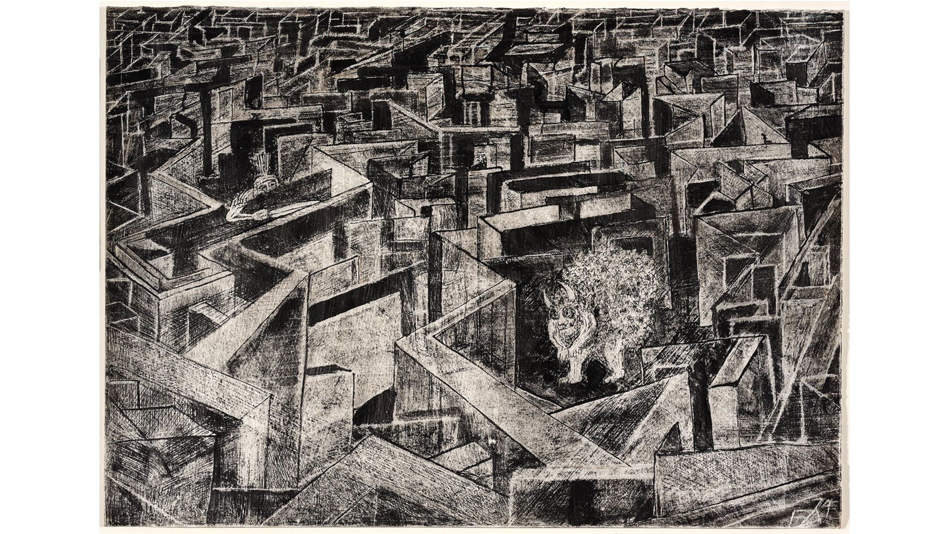 Dessin à l’encre montrant un labyrinthe complexe avec un minotaure au centre, œuvre de Friedrich Dürrenmatt réalisée en 1974, collection du CDN Neuchâtel.