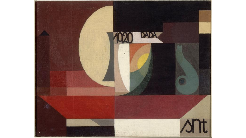 Composition abstraite géométrique de rectangles, cercles et formes organiques en nuances de rouge, beige, vert et noir, inscrite «1920 DADA» et signée Sht. 