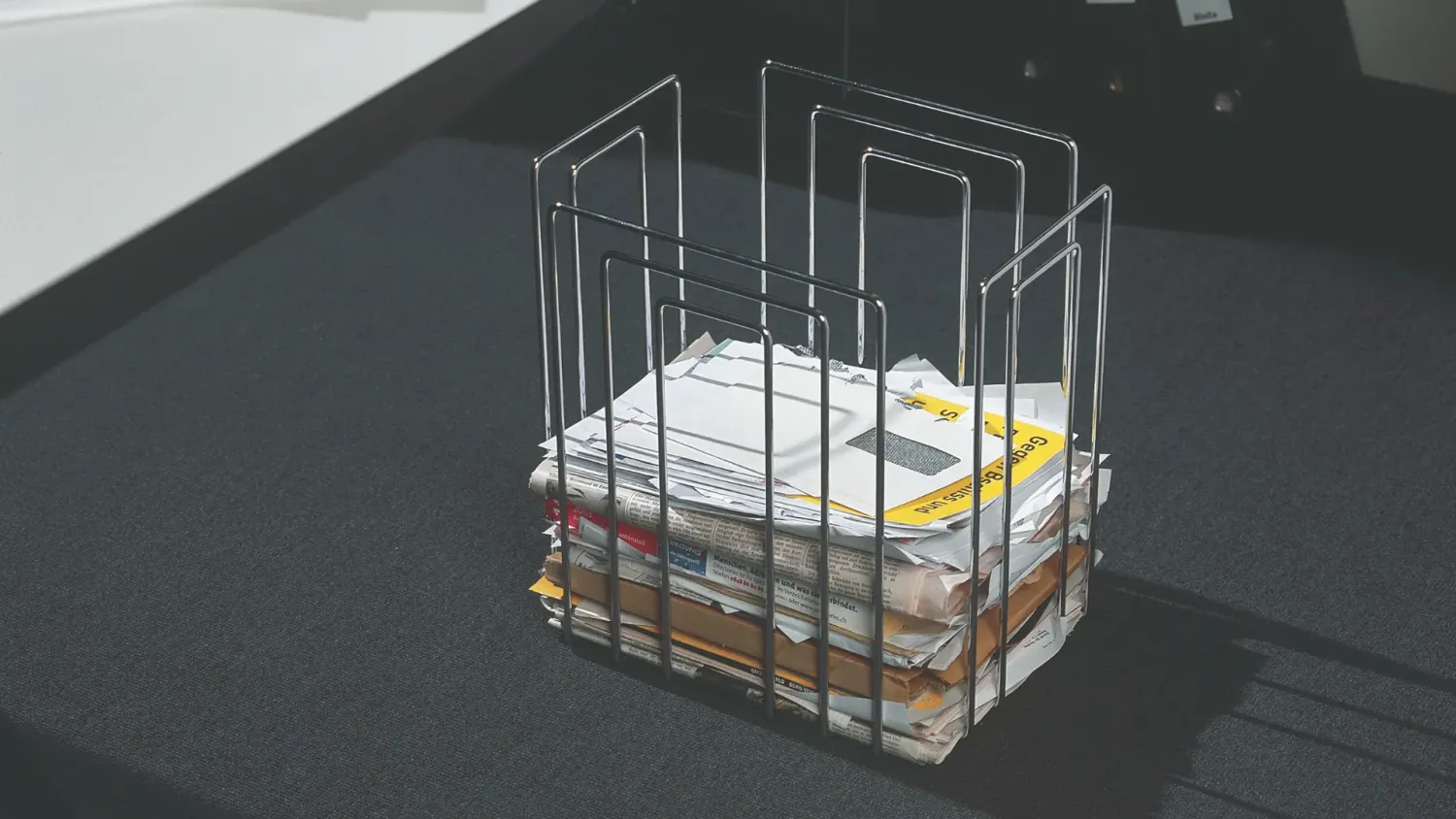 Porte-revues métallique contenant une pile de journaux et de courriers compressés, posé sur un sol sombre dans un intérieur.