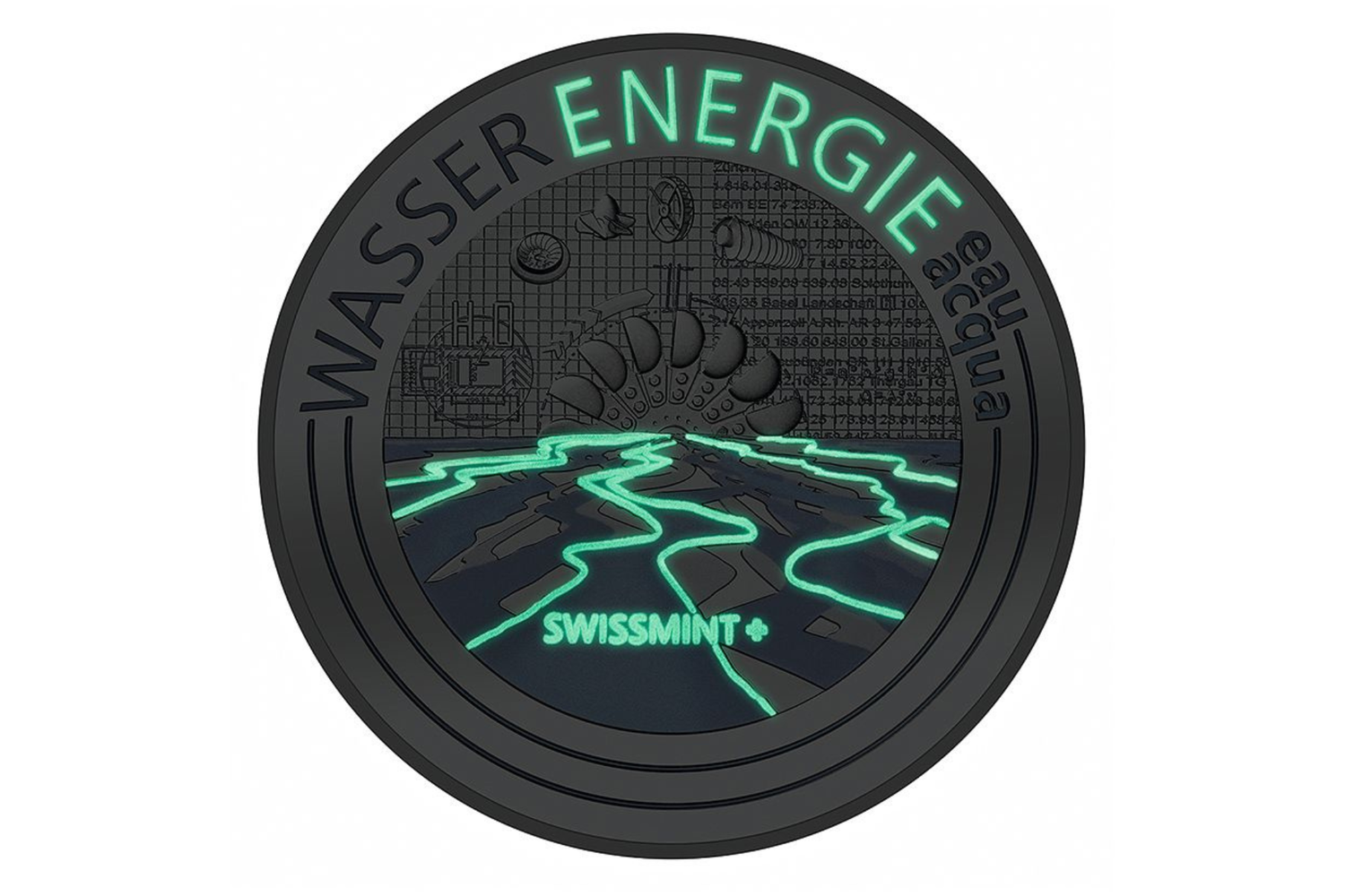 Faccia di una moneta da 20 franchi argento «Energia idroelettrica» con rotore di turbina, linee fluviali luminose, griglia stilizzata e la scritta Swissmint.