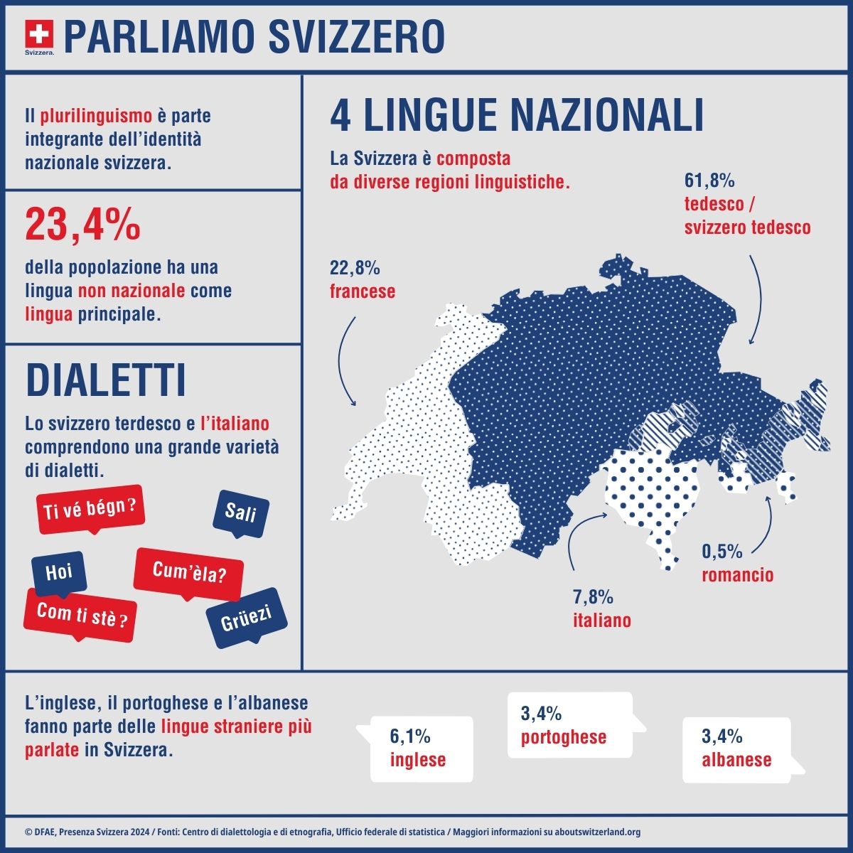 L’infografica mostra le caratteristiche più importanti delle lingue parlate in Svizzera, come le quattro lingue nazionali e i dialetti del tedesco e dell’italiano.