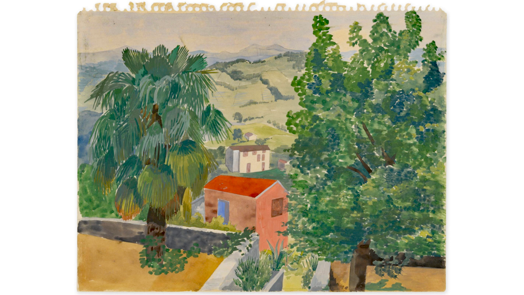 Paesaggio ad acquerello con una palma e un grande albero in primo piano, due casette davanti a colline verdi e un muro basso. 