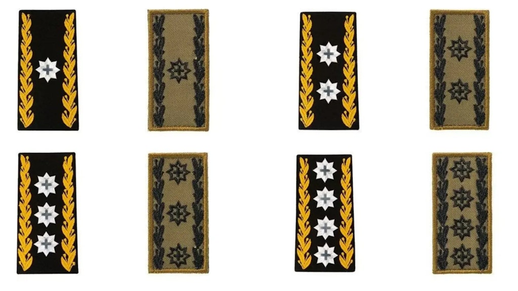 Quattro coppie di distintivi di grado dell’esercito svizzero, su sfondo nero e verde, con foglie dorate e stelle argentate disposte verticalmente.